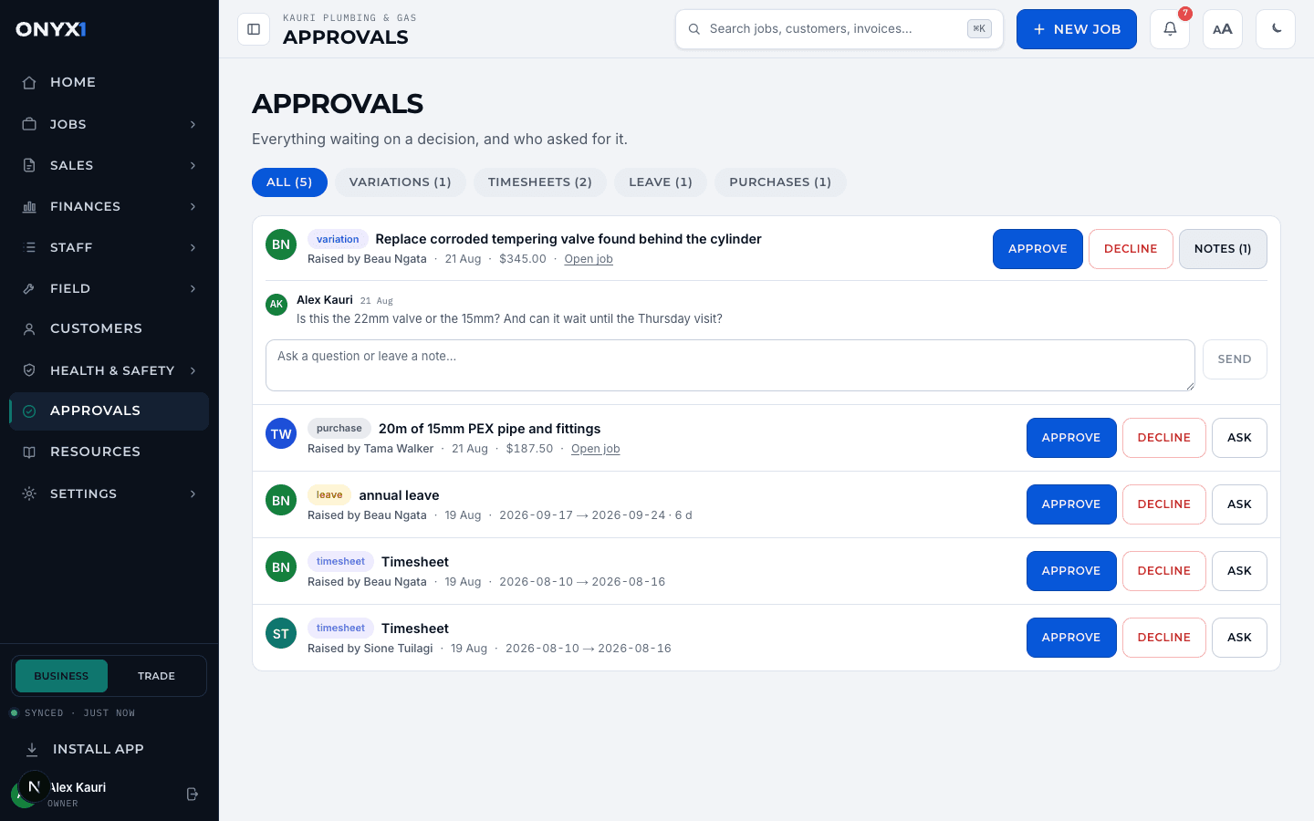 An approvals row expanded to show a clarification thread with a question from the manager. Demonstration data.