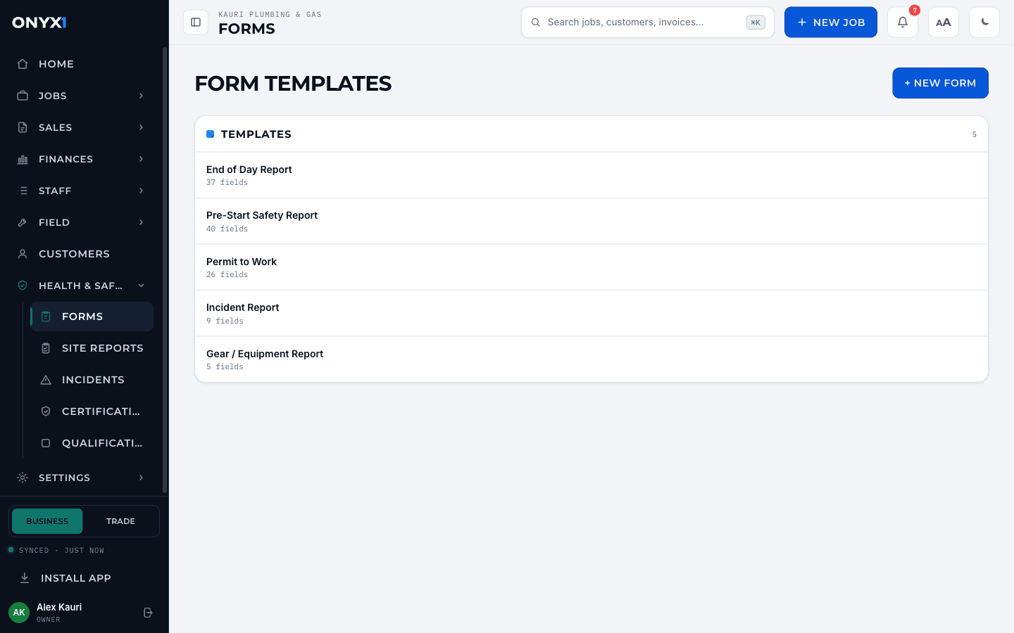 The Onyx One form templates screen: pre-start safety report, permit to work, incident report and gear report.