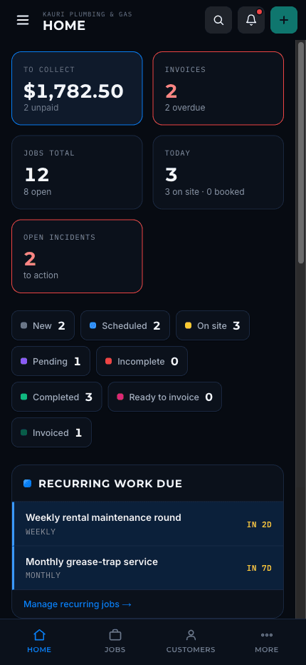Onyx One on a phone in dark theme: money to collect, job status counts, and recurring work due.