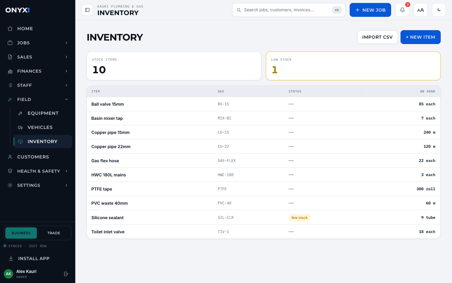 The Onyx One inventory screen with stock levels and reorder thresholds.