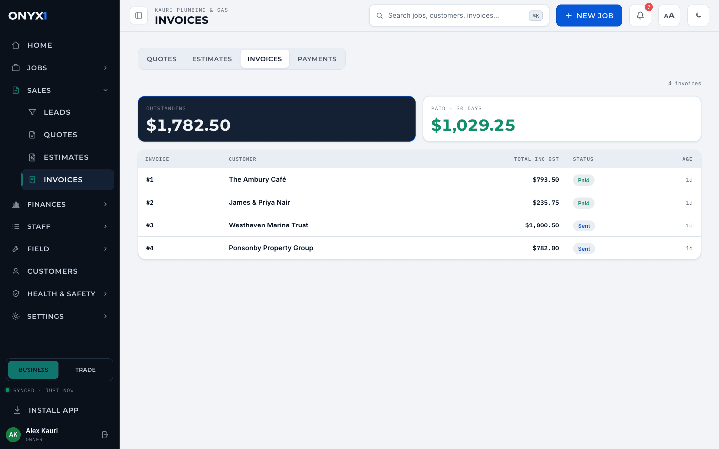 The Onyx One invoices screen with invoice totals, GST and statuses.