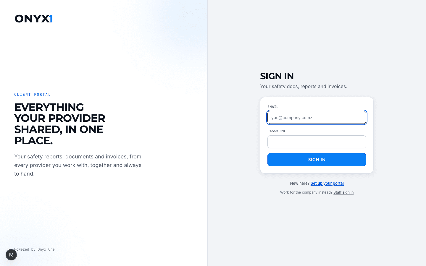 The client portal sign-in page: Everything your provider shared, in one place.