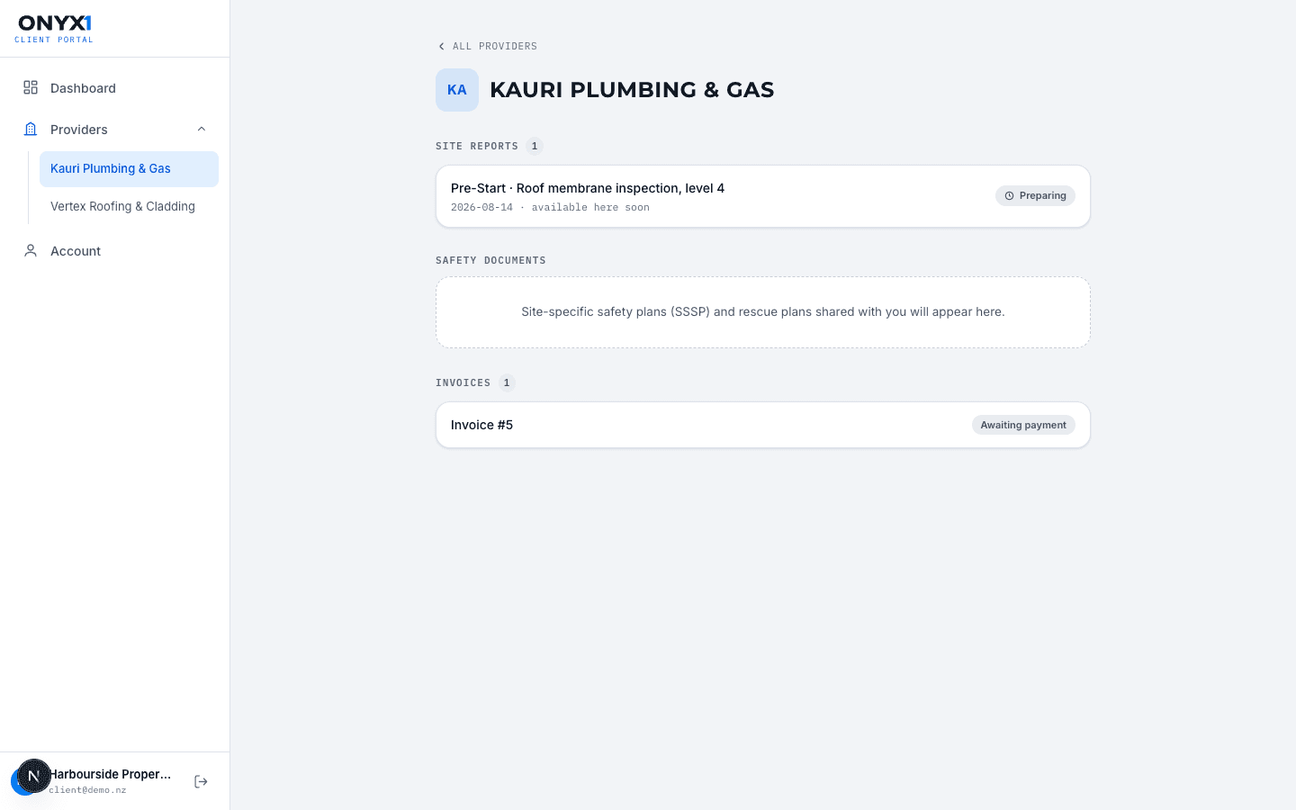The client portal provider page: site reports, safety documents and invoices with status pills. Demonstration data.