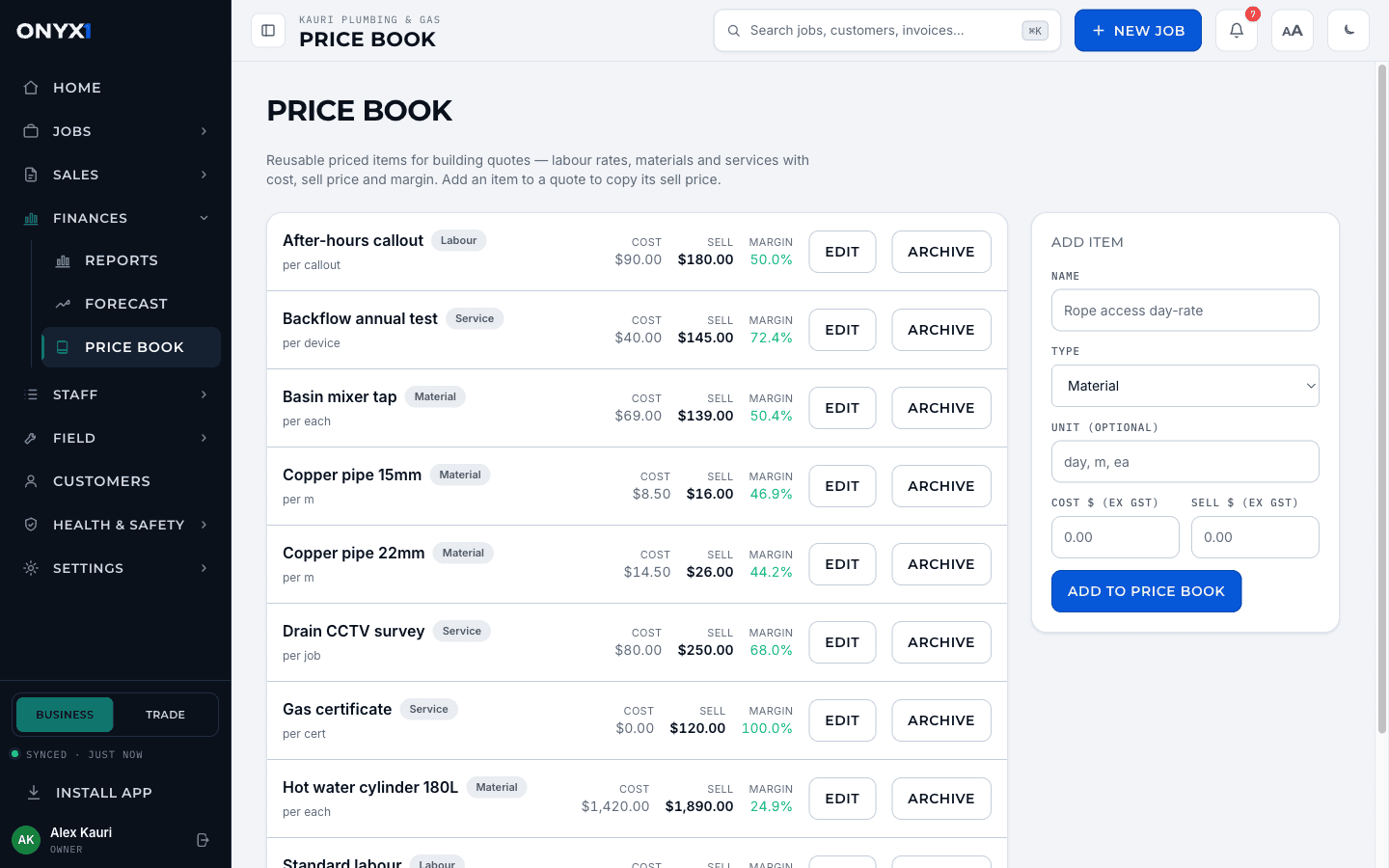 The Onyx One price book screen.