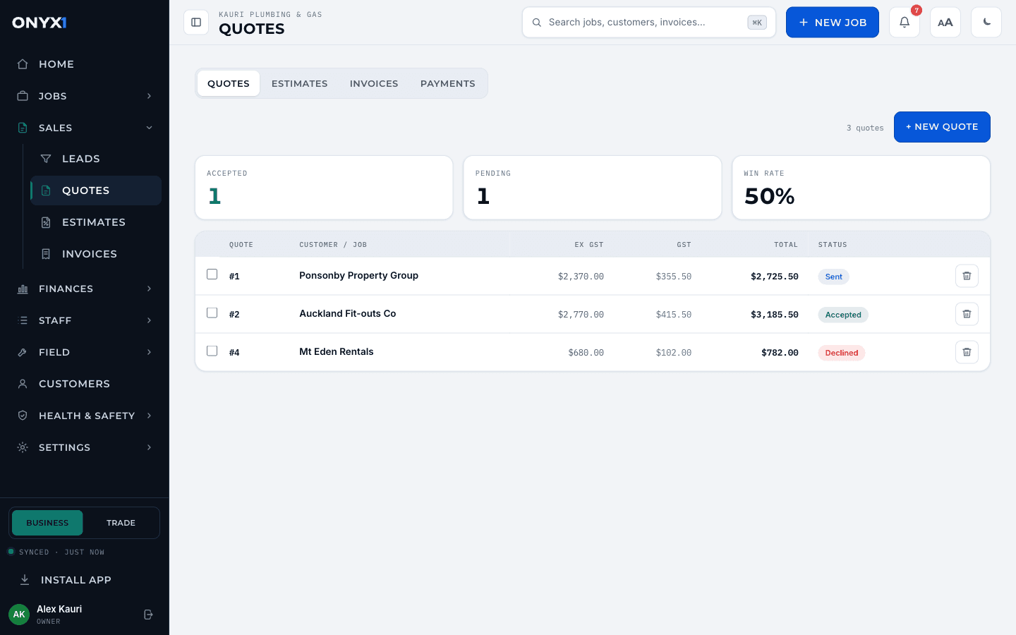 The Onyx One quotes screen with accepted, pending and win rate tiles.