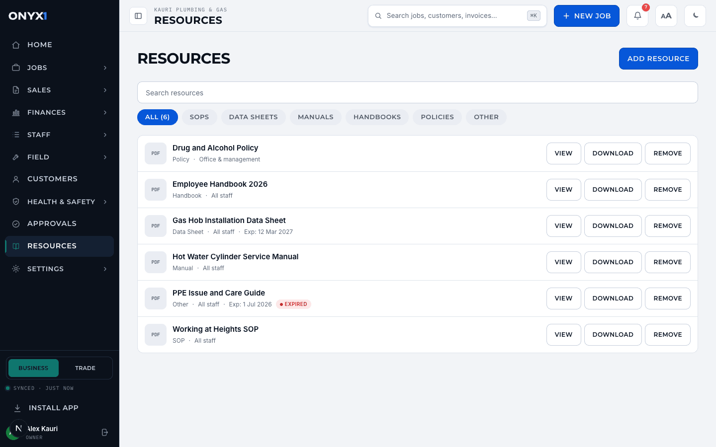 The Onyx One resources screen: SOPs, data sheets, manuals, handbooks and policies listed with view and download actions, one marked expired. Demonstration data.