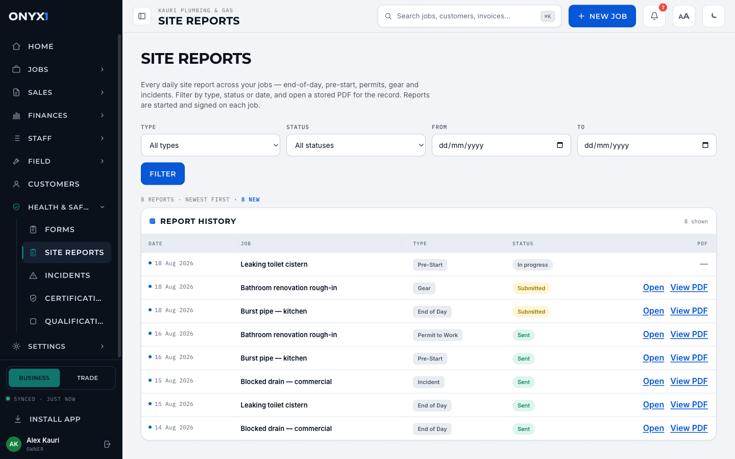 The Onyx One site reports screen.