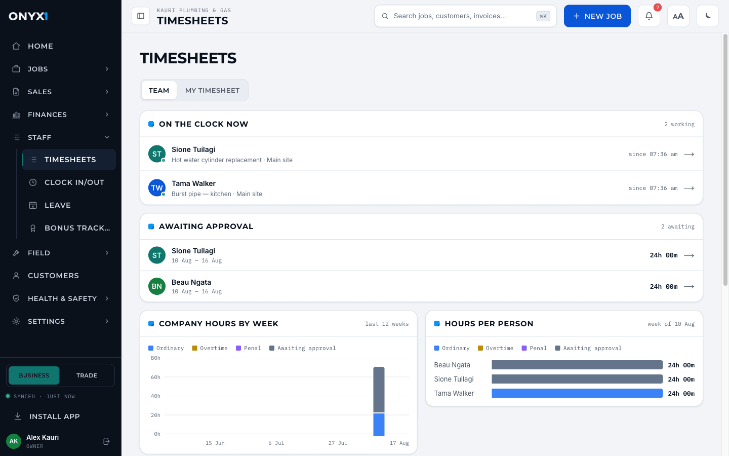 The Onyx One timesheets screen with company hours by week and hours per person awaiting approval.
