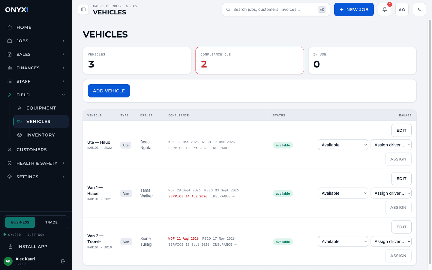 The Onyx One vehicles register with WOF, rego and service reminders.