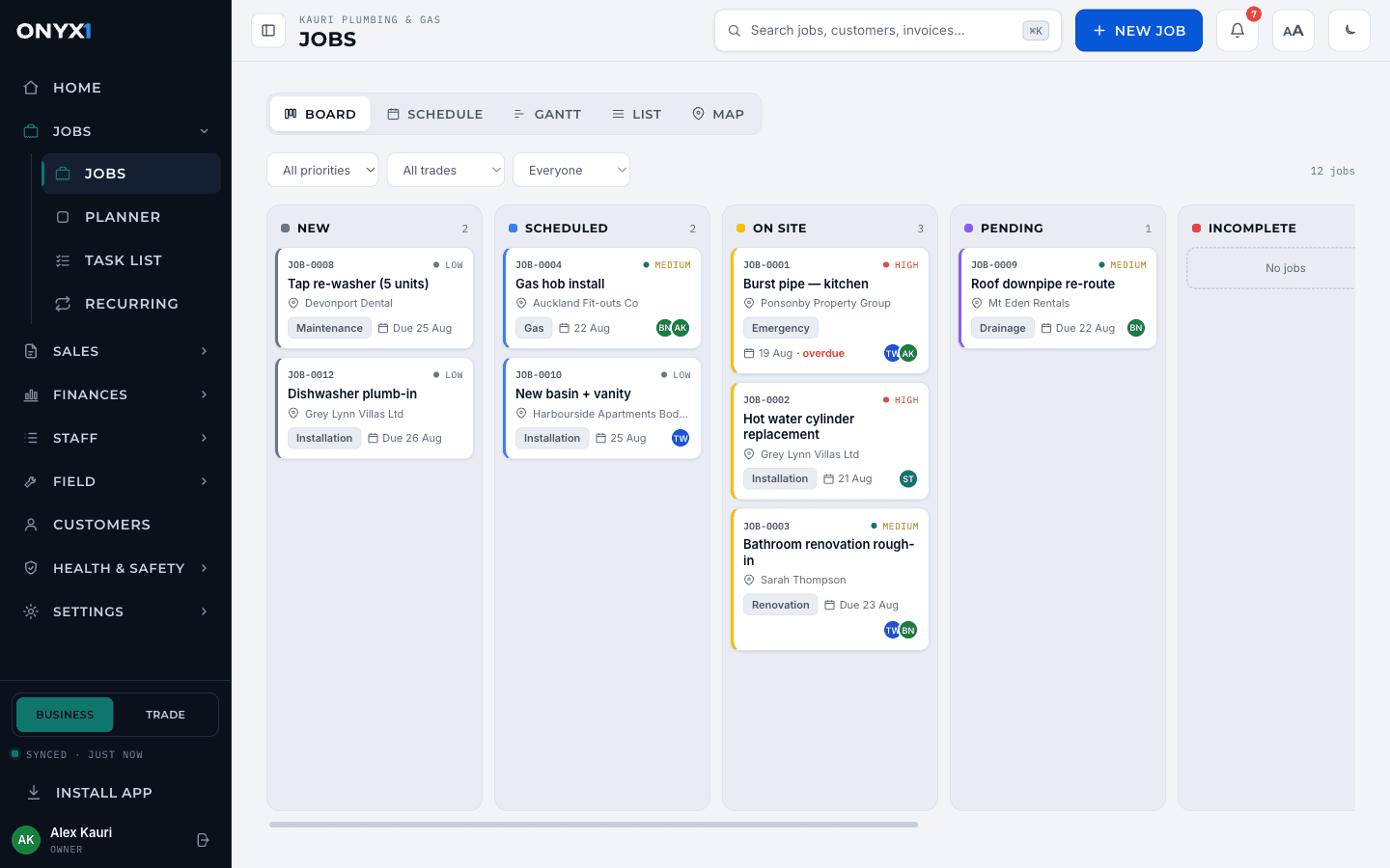 The Onyx One jobs board: columns for New, Scheduled, On site, Pending and Incomplete with real job cards.