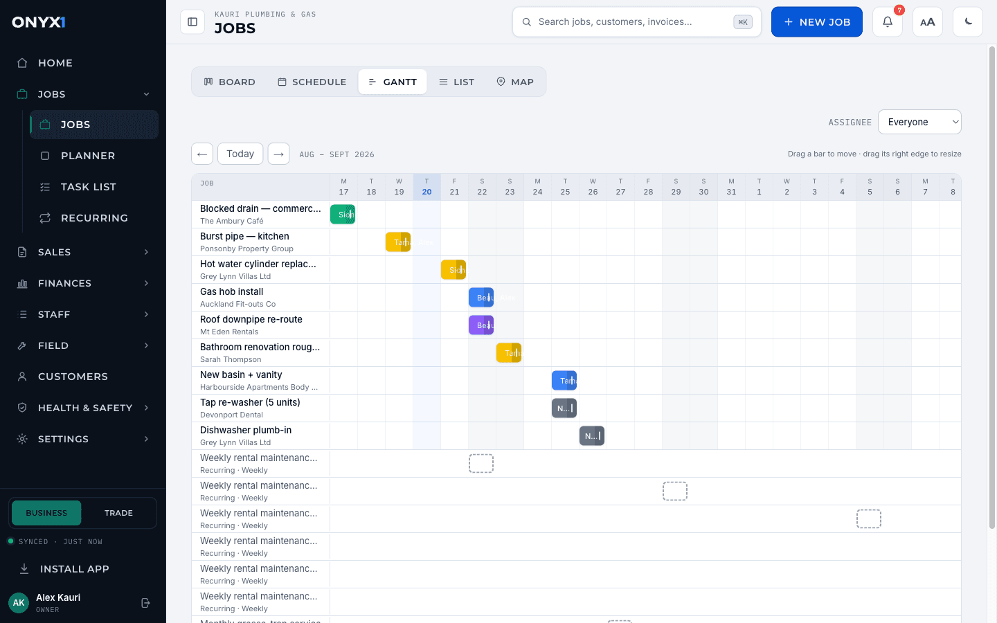 The Onyx One Gantt view of jobs across the coming weeks.