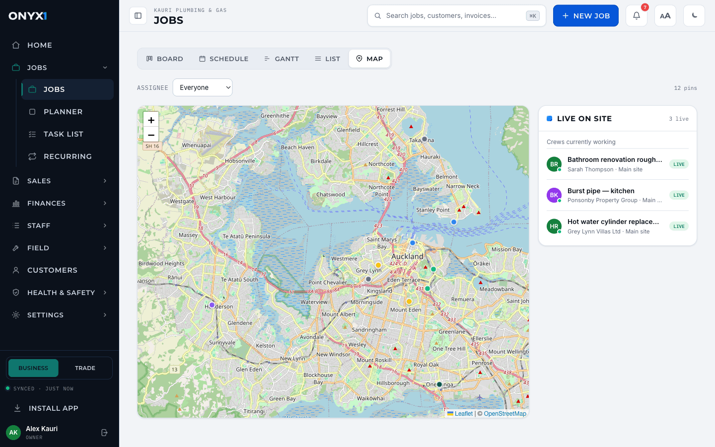The Onyx One dispatch map: job pins across Auckland and a live panel of crews currently on site.