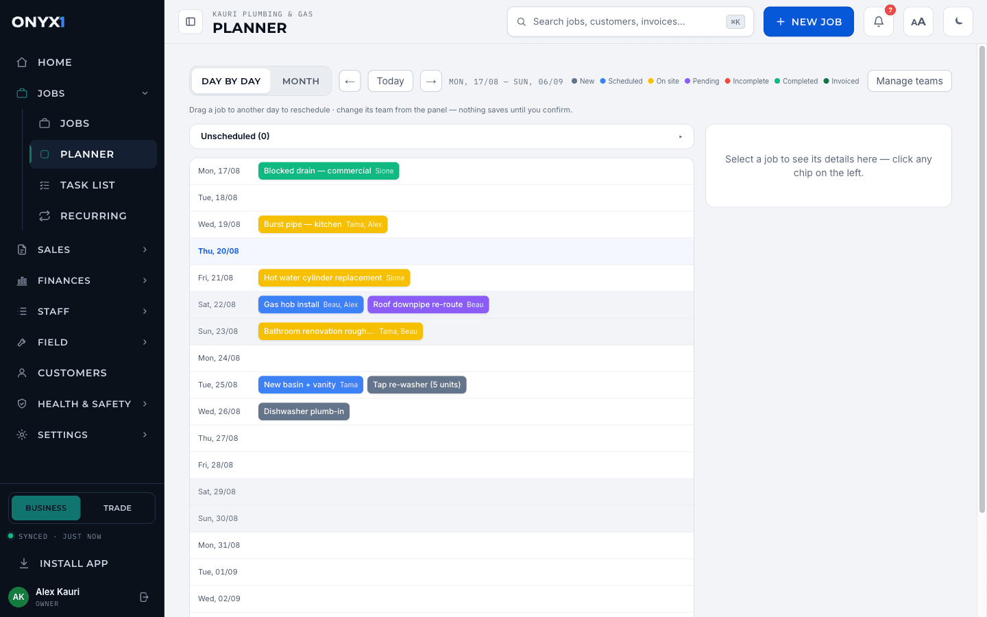 The Onyx One planner: jobs laid out day by day with team assignments.