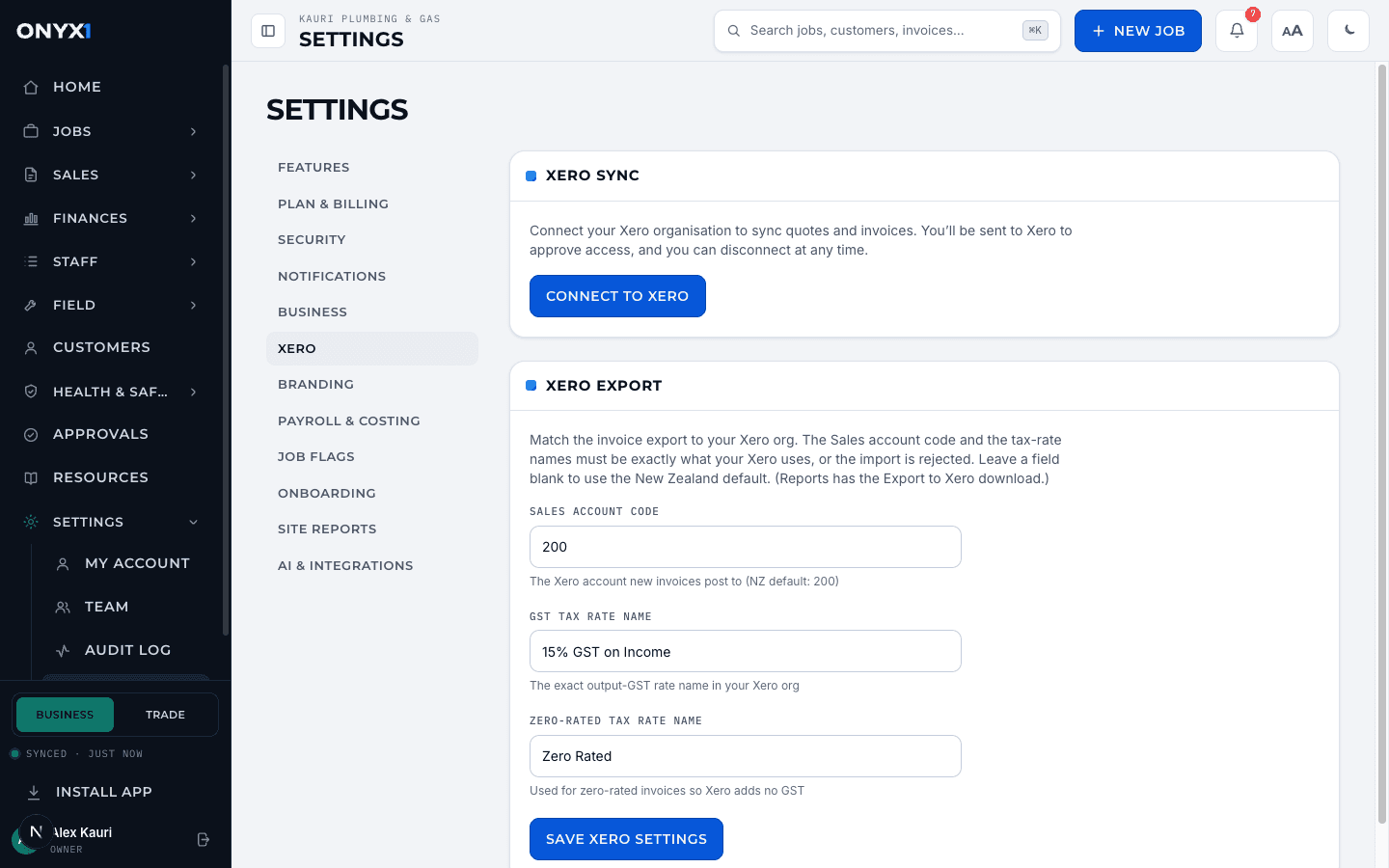 The Onyx One Xero settings: a Connect to Xero button with a secure OAuth flow, and the export mapping for sales account code and GST tax rate names.