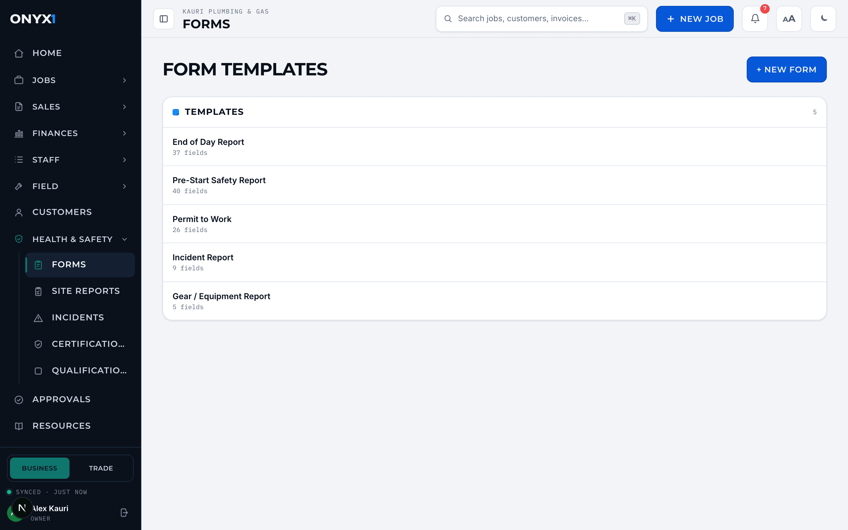 ONYX1 safety form templates: pre-start report, permit to work, incident report and gear report.