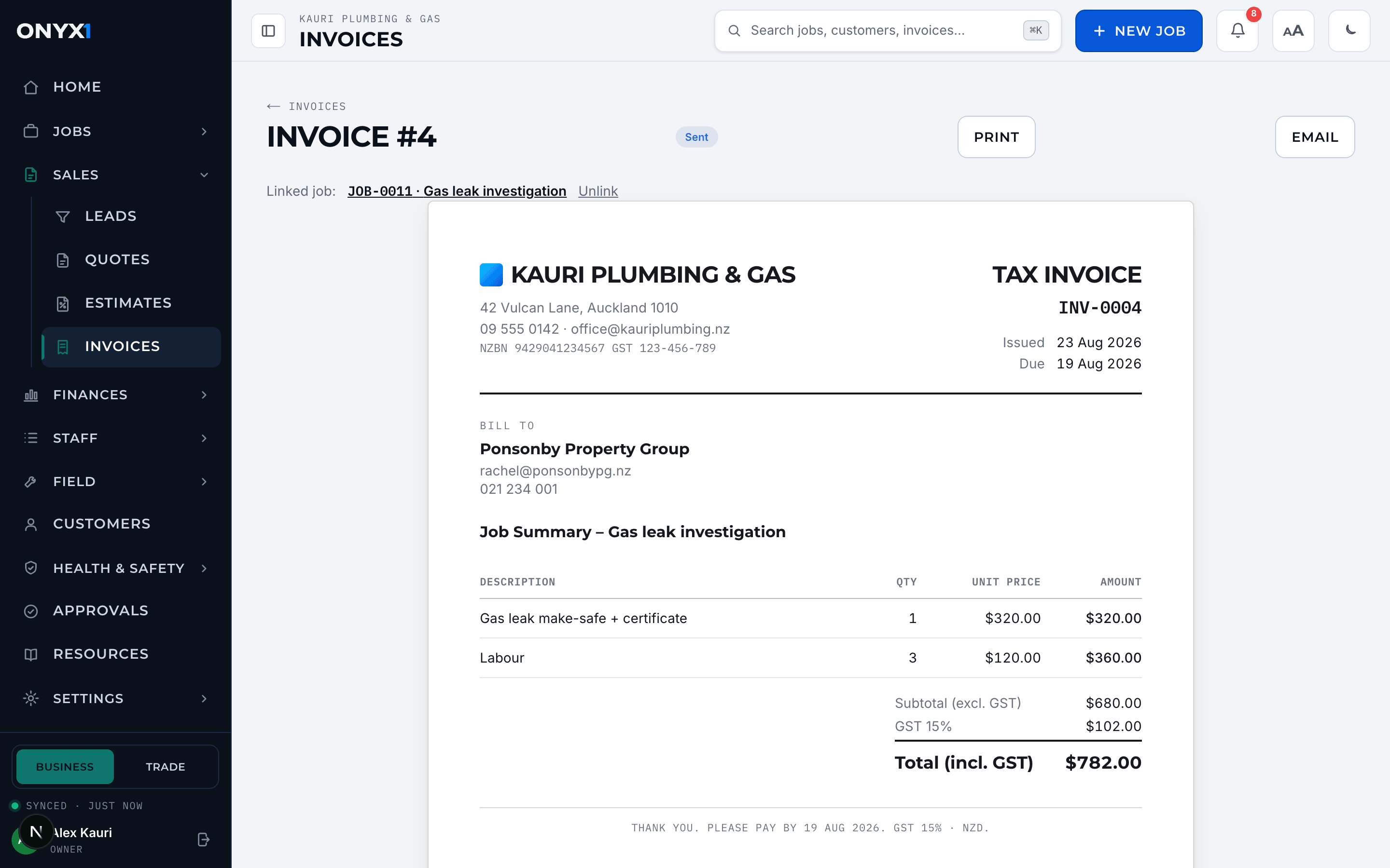 A real tax invoice generated by ONYX1: branded header, line items, GST at 15% and total.